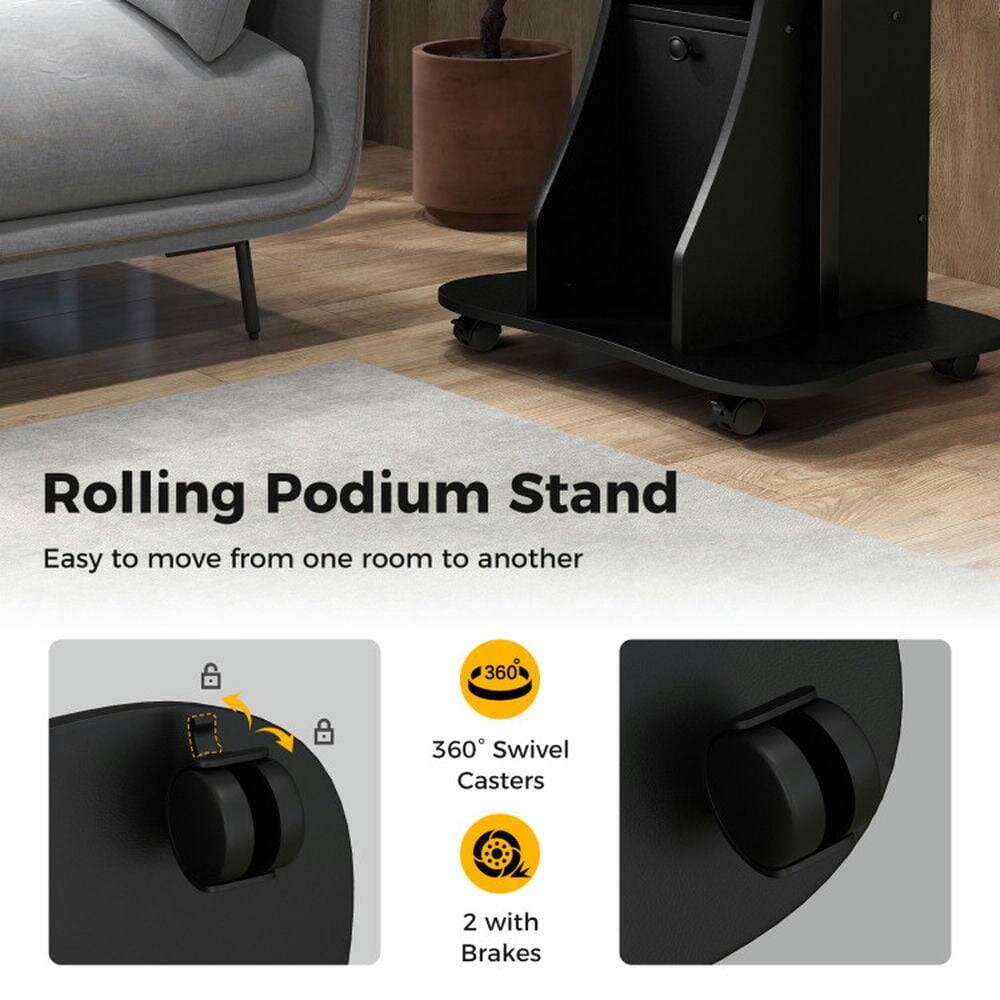 Rolling Podium Stand  
Easy to move from one room to another  

- 360° Swivel Casters  
- 2 with Brakes
