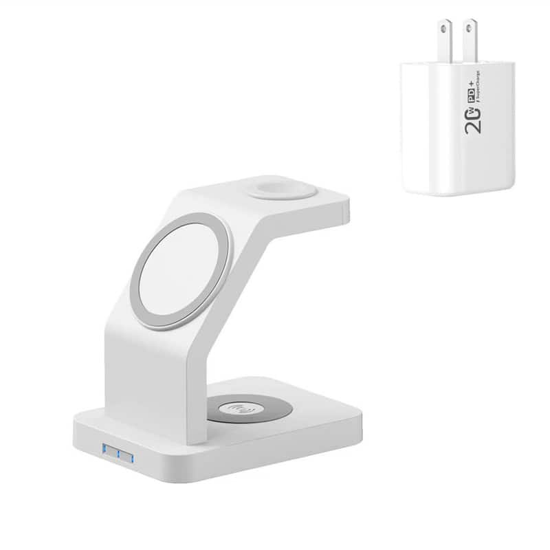 SKRAN - 3-in-1 Wireless Charger with Charging Port- Magnetic Phone Stand for iPhone 13 Pro, Watch and Earphones Charging - White