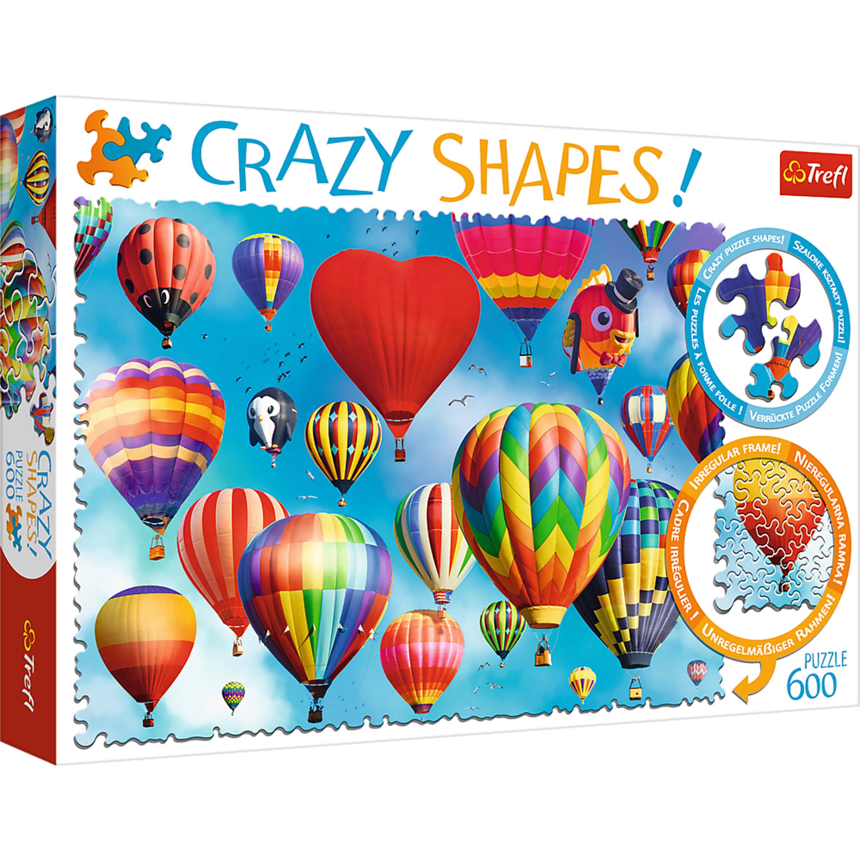 Sure, here is the corrected and grouped text from the image:

---

**Crazy Shapes!**

**600 Puzzle Shapes!**

**Trefl**

**Irregular Frame!**

**Crazy Puzzle Shapes!**

**Scalone Puzzle Shapes!**

**Verdorok Puzzle Shapes!**

**Irregular Frame!**

**Cadre Irregular!**

**Unregelmäßiger Rahmen!**

**600**

---

This text is from the packaging of a puzzle box.