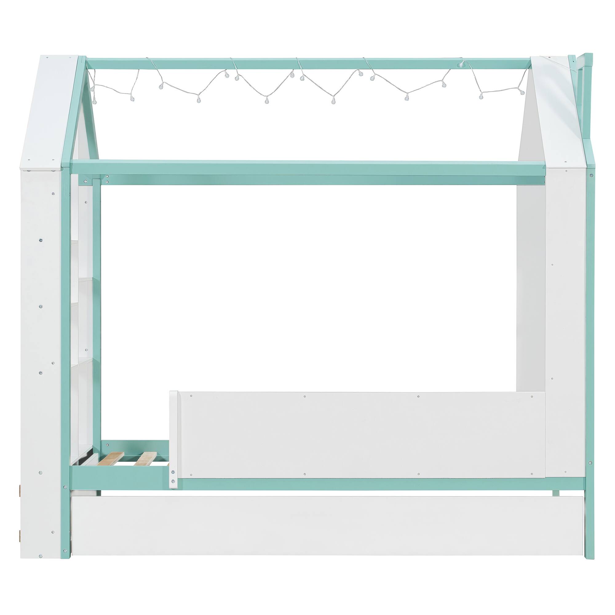 Angle. Anysun - Twin Size House Bed Frame with Pull-Out Trundle, Tail End Storage Shelves and Cool White LED Lights - Blue.