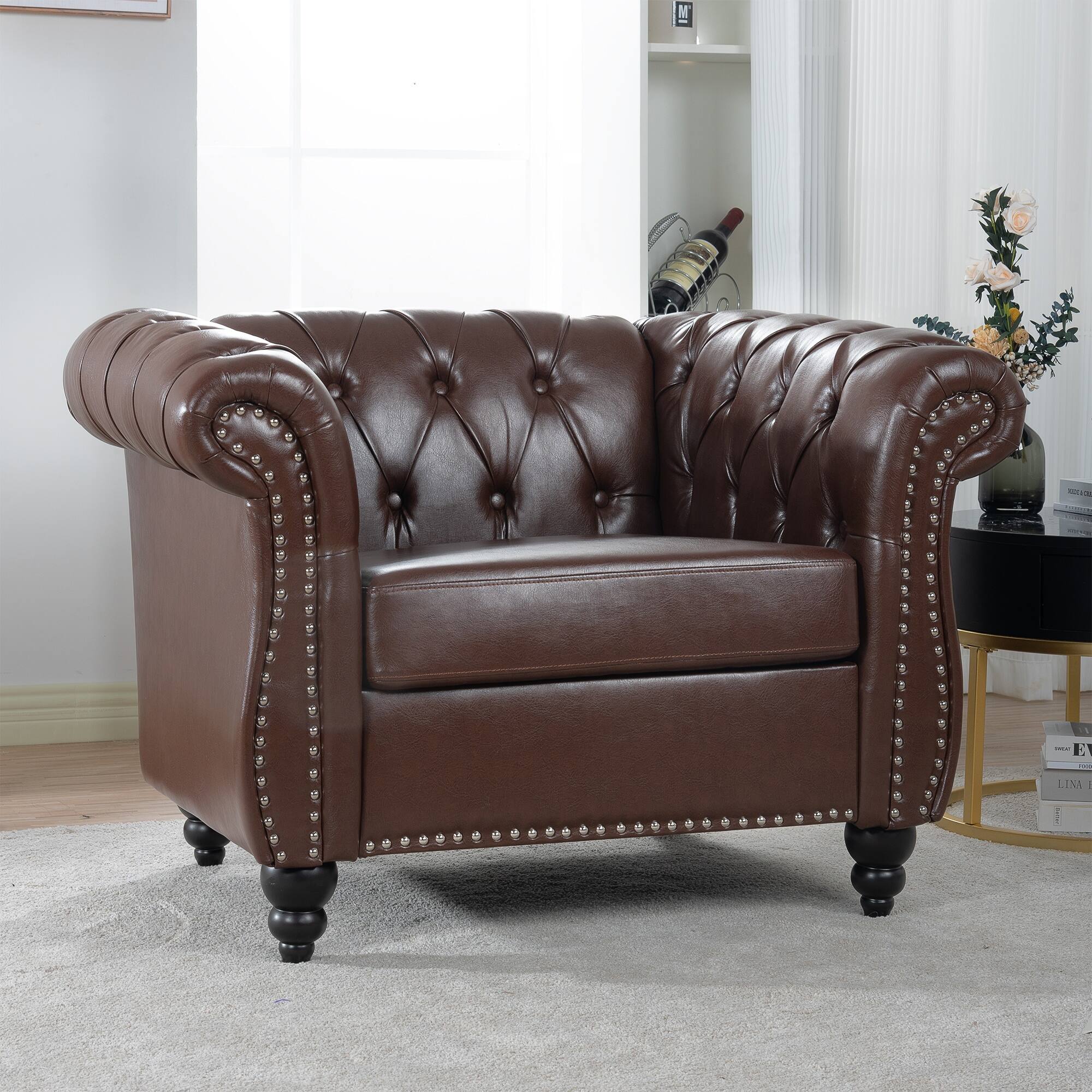 Angle. Boyel Living - Traditional Faux Leather Upholstered Club Chair - Brown and Matte Black and Silver.