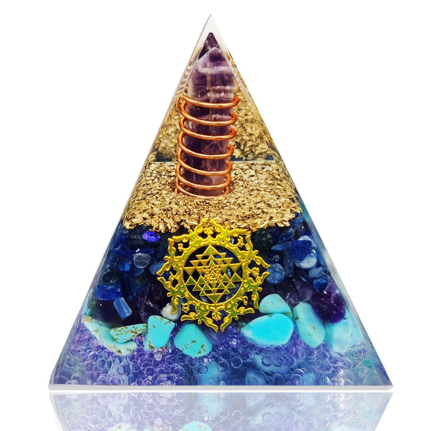 Refined Abode Design - Positive Energy Orgonite Pyramid with Amethyst, Kyanite, Turquoise for Meditation, Chakra Healing & EMF Protection - Default