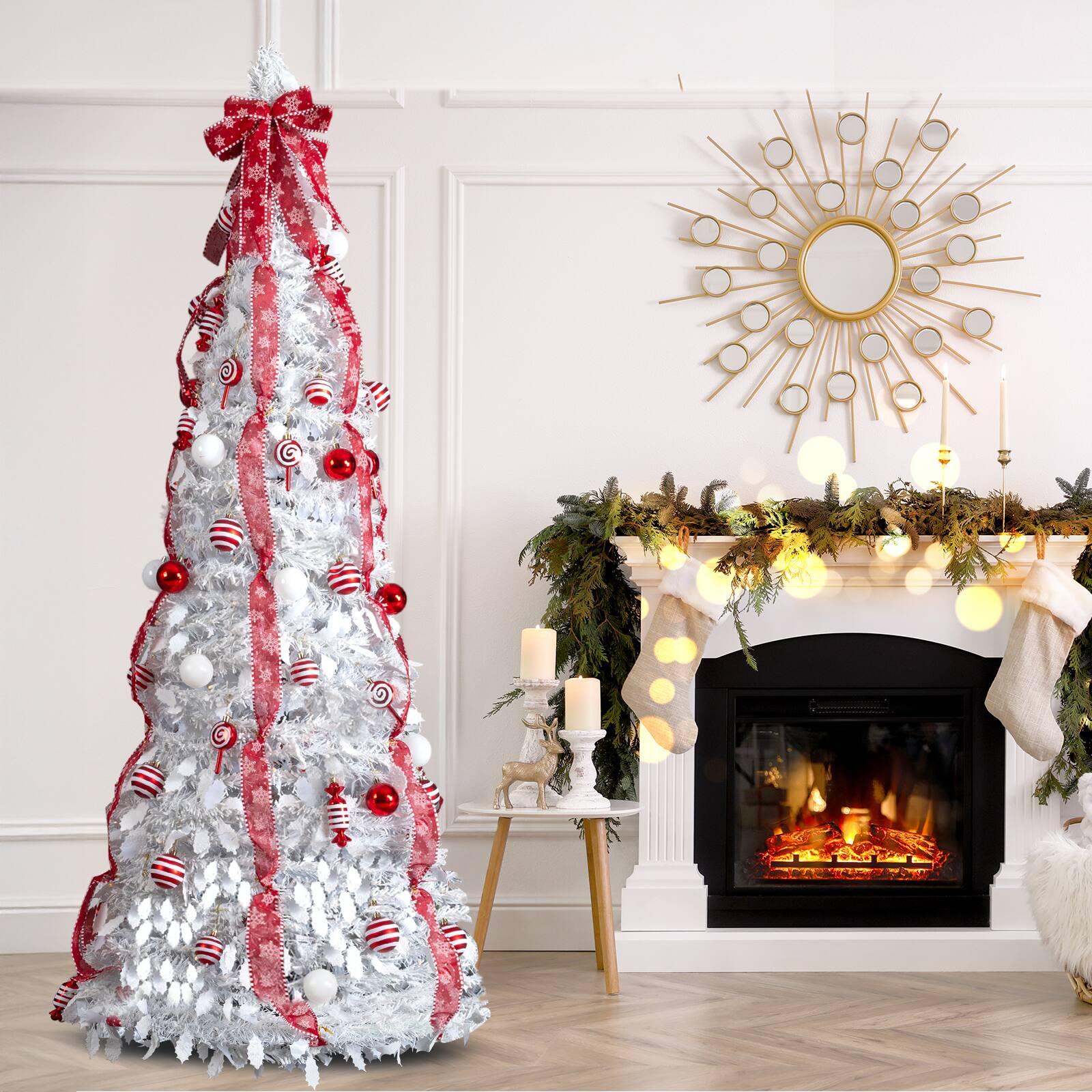 Alt View 7. VAVSEA - 7 FT Pre-Lit White Christmas Tree with 170 Warm Lights & Red Ornaments for Holiday Decor - White.