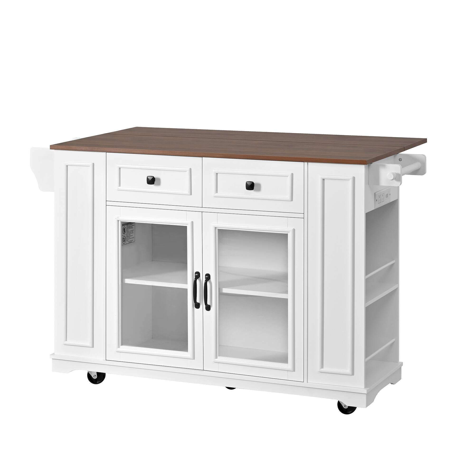 Angle. Whisen - Mobile Kitchen Island with Glass Door Cabinets, Power Outlet, and Storage Shelves - White.