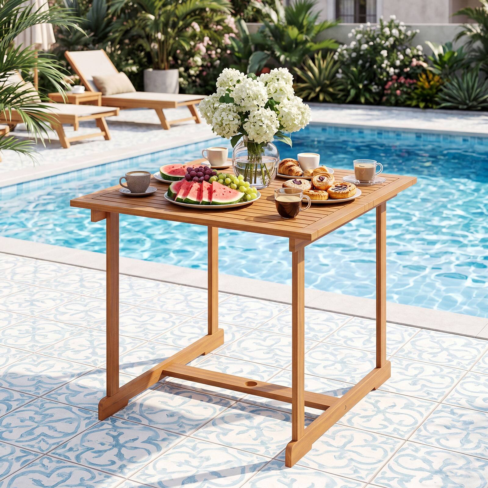 Alt View 1. Gymax - Gymax 35.5'' Acacia Wood Outdoor Dining Table for 4 w/Umbrella Hole Reinforced Crossbar - Yellow.