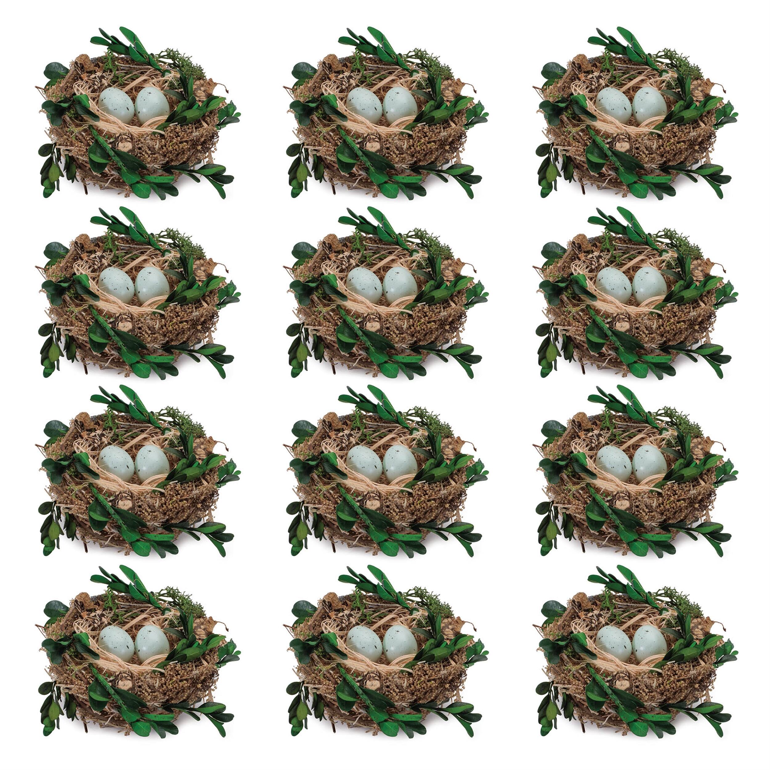 Angle. BreeBe - Twig Bird Nest with Eggs and Boxwood Foliage (Set of 12) - Brown, Green.