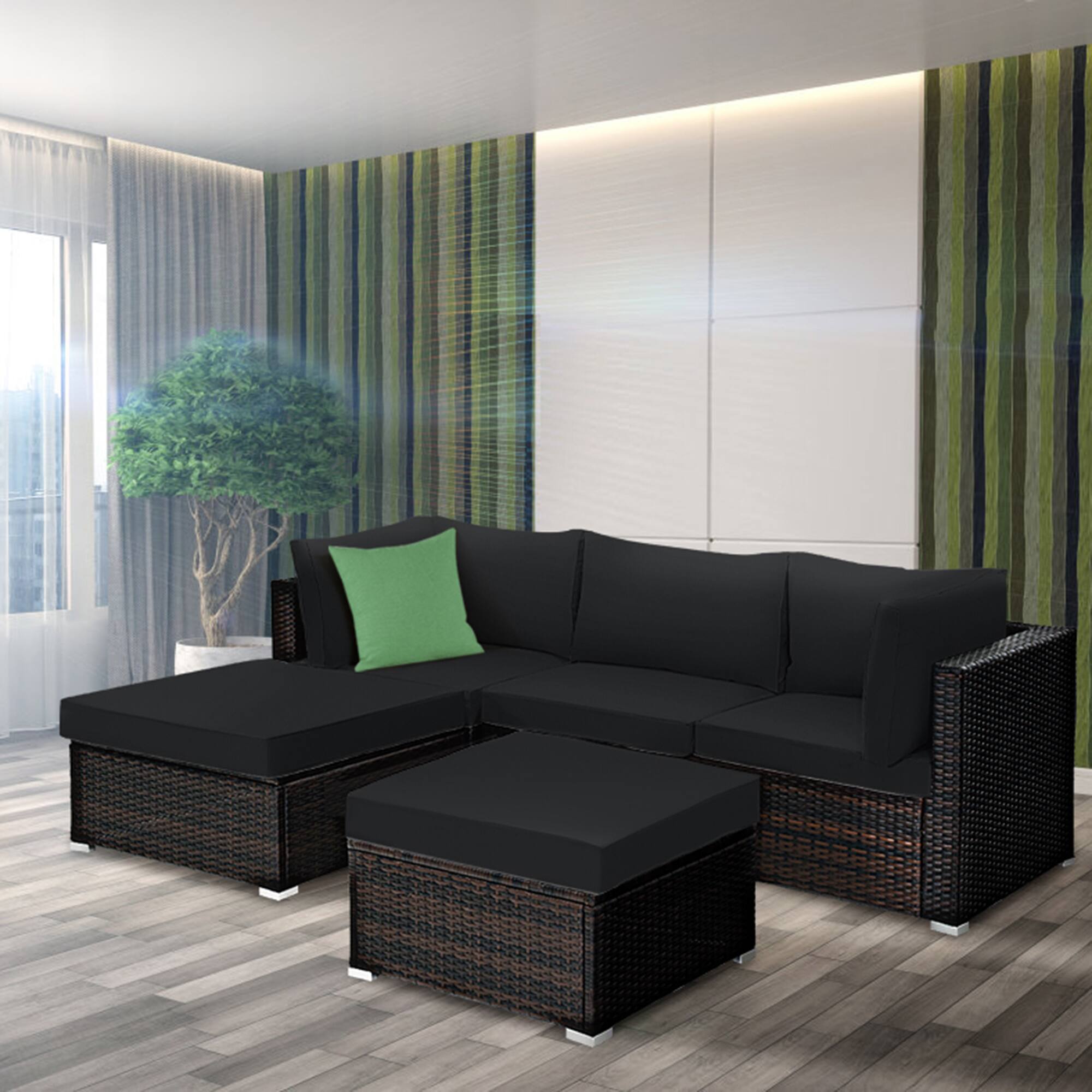 Alt View 3. Gymax - Gymax 5PCS Rattan Patio Conversation Set Outdoor Furniture Set w/ Black Cushions - Black.