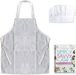 Tovla Jr - Kids Cookbook, Cooking Apron and Hat Set for Boys and Girls, Cotton Canvas Perfect for Baking, Painting and Gardening - White