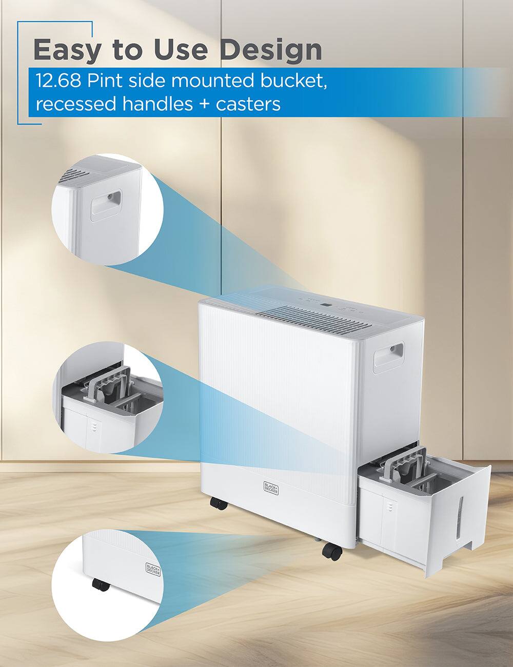 Easy to Use Design, 12.68 Pint side mounted bucket, recessed handles + casters