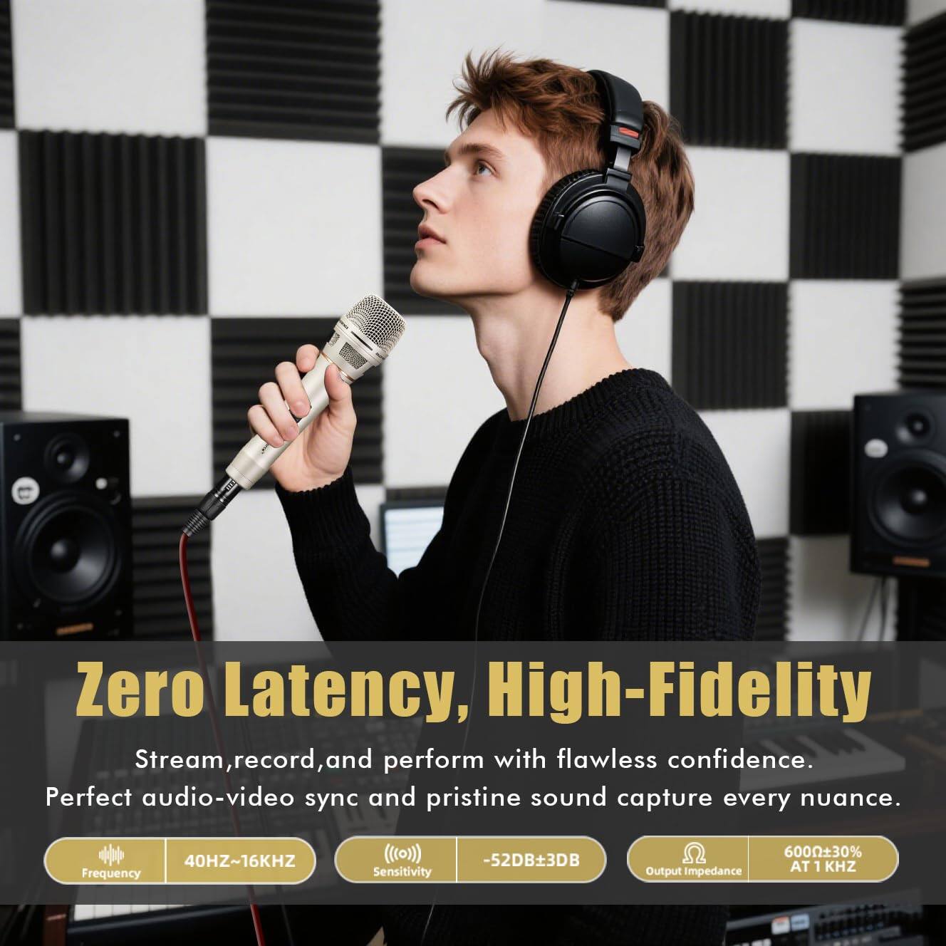 Zero Latency, High-Fidelity

Stream, record, and perform with flawless confidence. Perfect audio-video sync and pristine sound capture every nuance.

- Frequency: 40HZ~16KHZ
- Sensitivity: -52DB±3DB
- Output Impedance: 600Ω±30% AT 1 KHZ