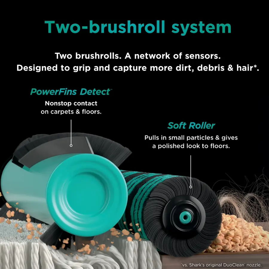Two-brushroll system: Two brushrolls designed to grip and capture more dirt, debris, and hair. PowerFins Detect: Nonstop contact on carpets and floors. Soft Roller: Pulls in small particles and gives a polished look to floors. vs. Shark's original DuoClean nozzle.