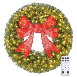 Homcom - 36in Pre-Lit Artificial Xmas Wreath, 3D Red Bow, 11 Modes, Remote, 140 LEDs, 300 Tips, Indoor Outdoor - Green
