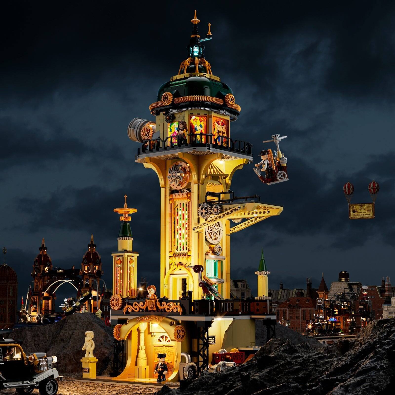 Alt View 8. Lumibricks - Steampunk Astronomy Tower Building Kit, 2744 Pieces, LED Lights, Movable Gears and Telescope, Ages 16+.