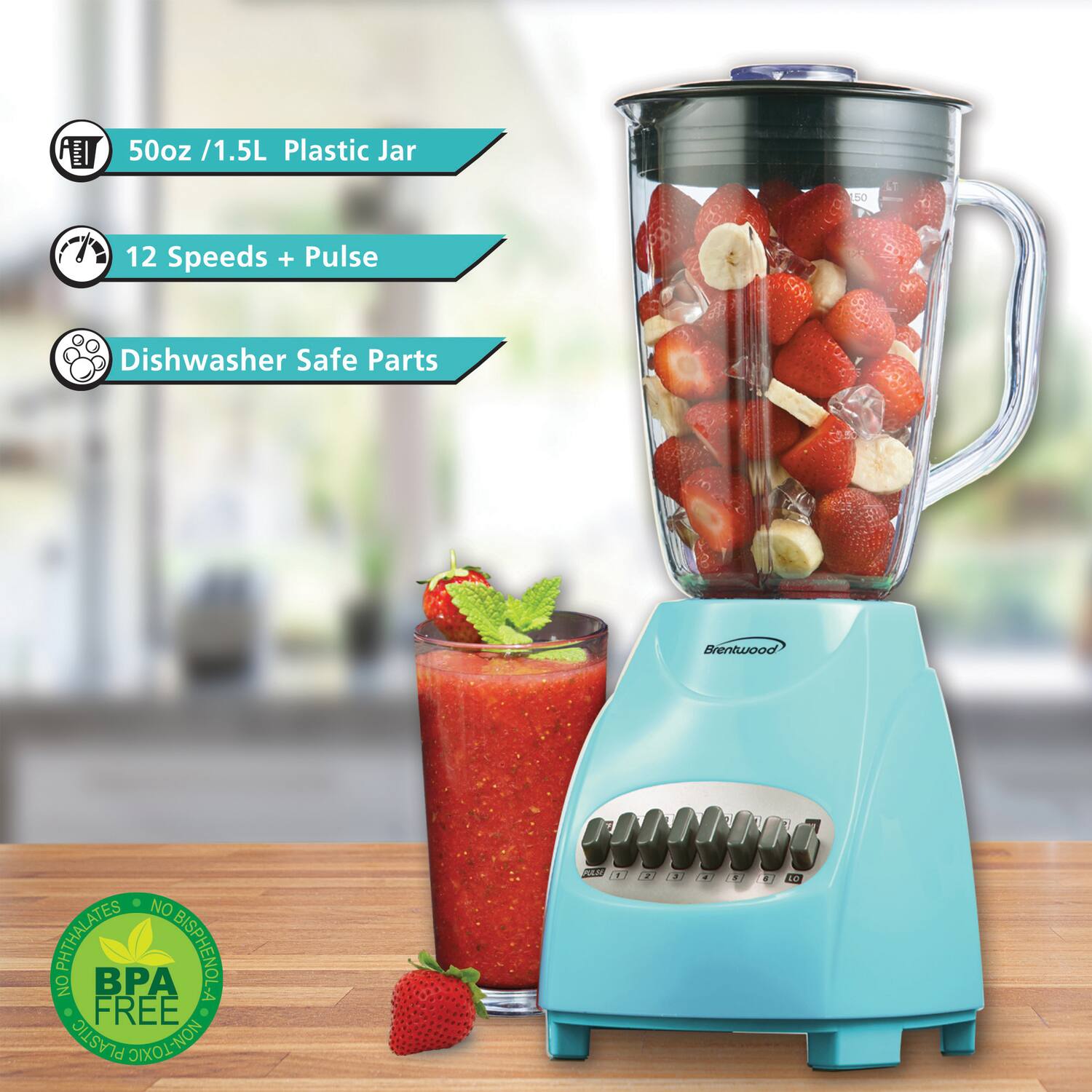 50oz / 1.5L Plastic Jar  
12 Speeds + Pulse  
Dishwasher Safe Parts  
Brentwood  
NO PHTHALATES  
NO BISPHENOL-A  
BPA FREE  
NON-TOXIC