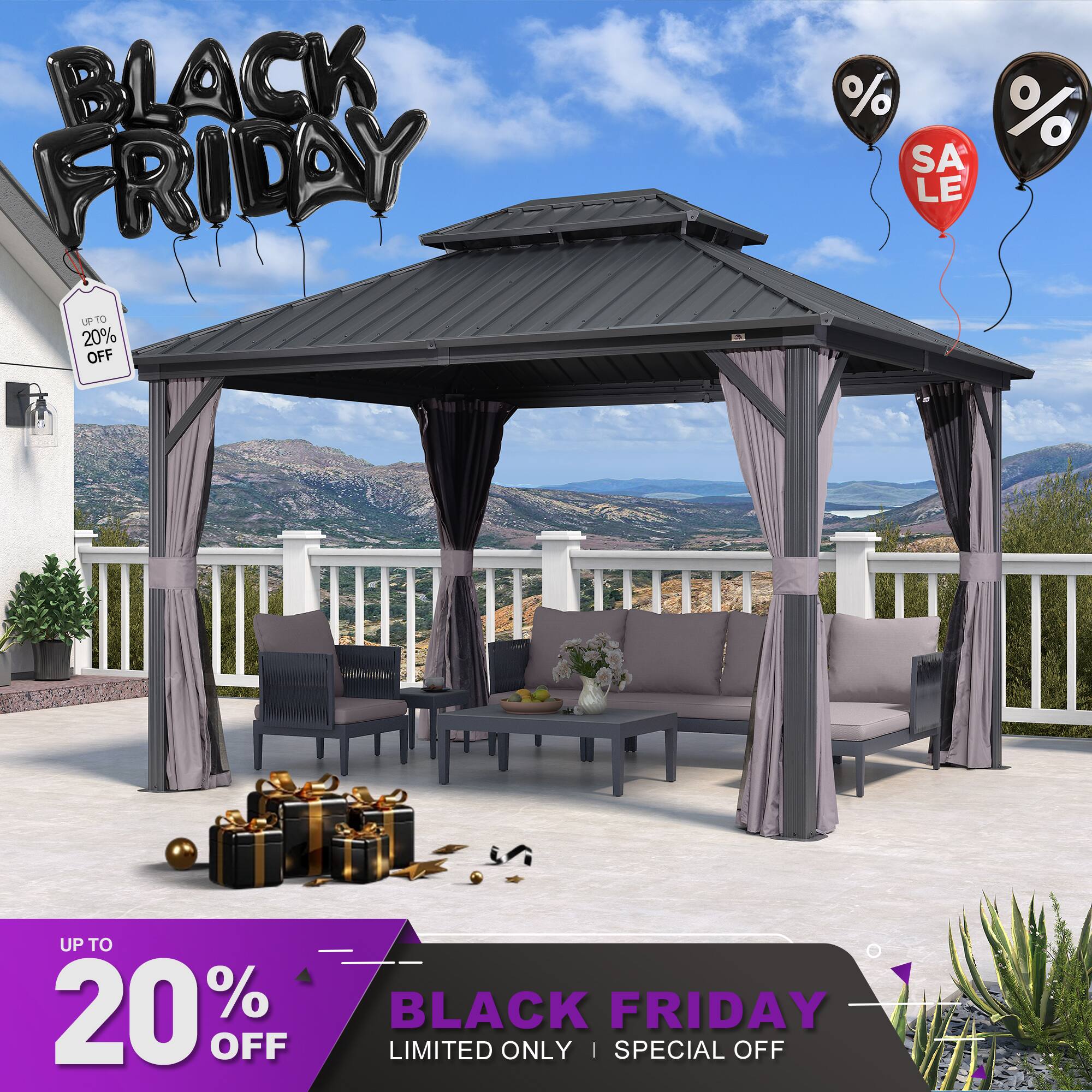 PURPLE LEAF - 10 X 12 FT Outdoor Aluminum Hardtop Gazebo with Galvanized Steel Double Roof for Patio Deck with Netting and Curtains - 10' X 12'