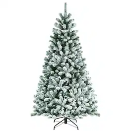 WELLFOR - 6ft Pre‑Lit Artificial Christmas Tree with 450 Branch Tips,250 LED Lights, Snow‑Flocked Hinged Xmas Tree - Green