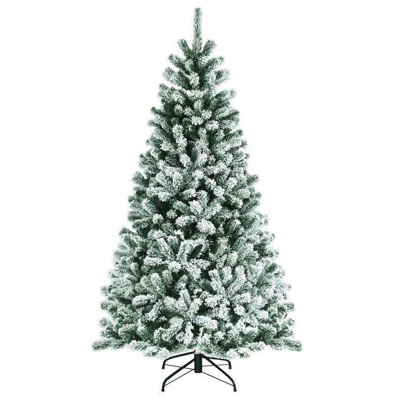 WELLFOR - 6ft Pre‑Lit Artificial Christmas Tree with 450 Branch Tips,250 LED Lights, Snow‑Flocked Hinged Xmas Tree - Green
