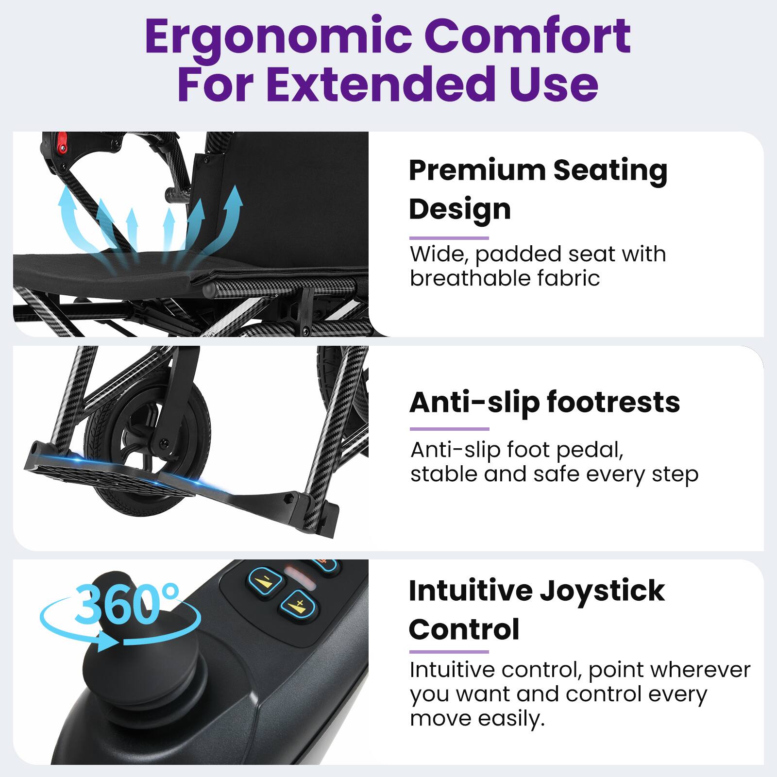Ergonomic Comfort For Extended Use

Premium Seating Design
Wide, padded seat with breathable fabric

Anti-slip footrests
Anti-slip foot pedal, stable and safe every step

360° Intuitive Joystick Control
Intuitive control, point wherever you want and control every move easily.