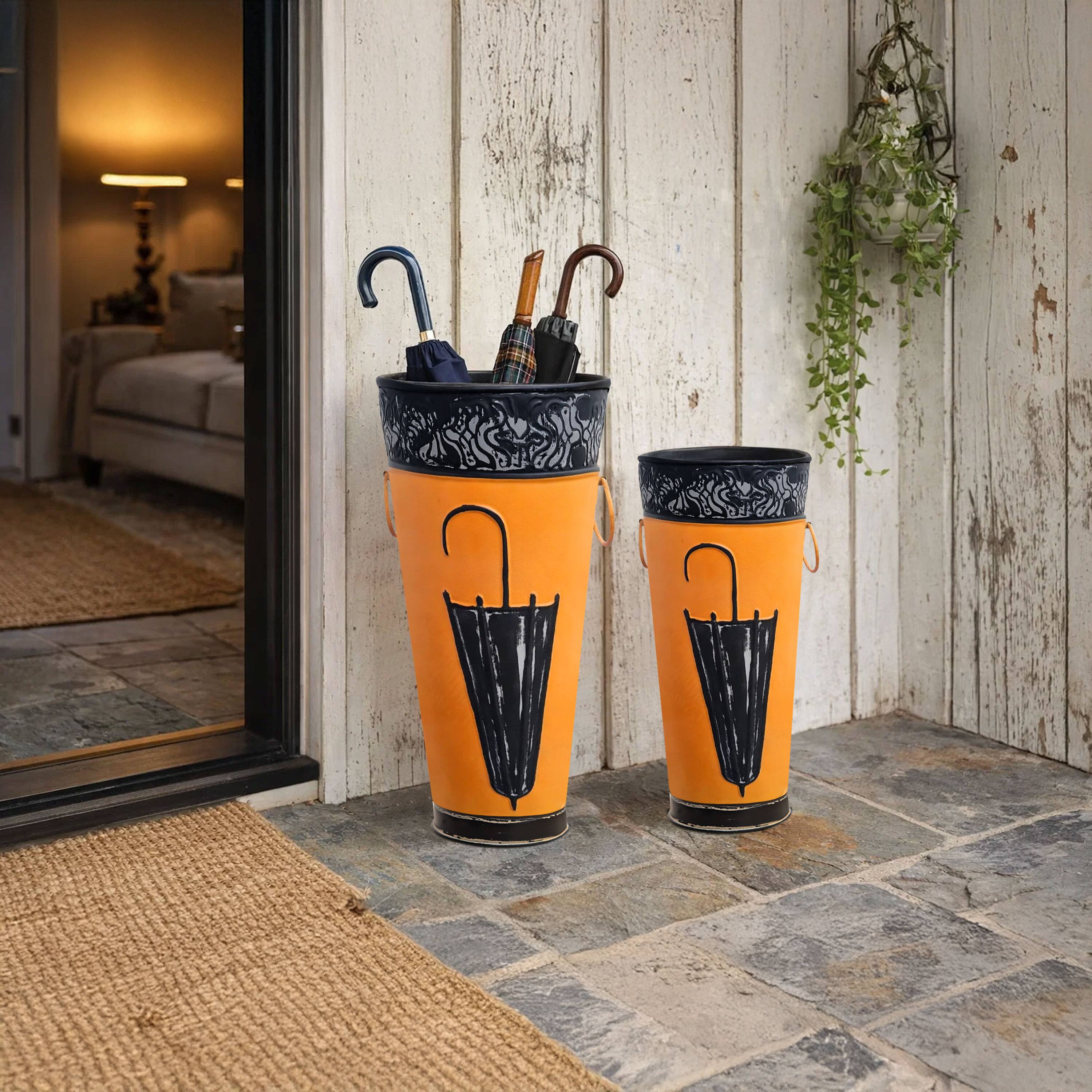 Alt View 8. Manhattan Lane - 21, 16 Inch Metal Umbrella Stands, Black Engraved Artwork, Set of 2, Orange - Brown, Black, White.
