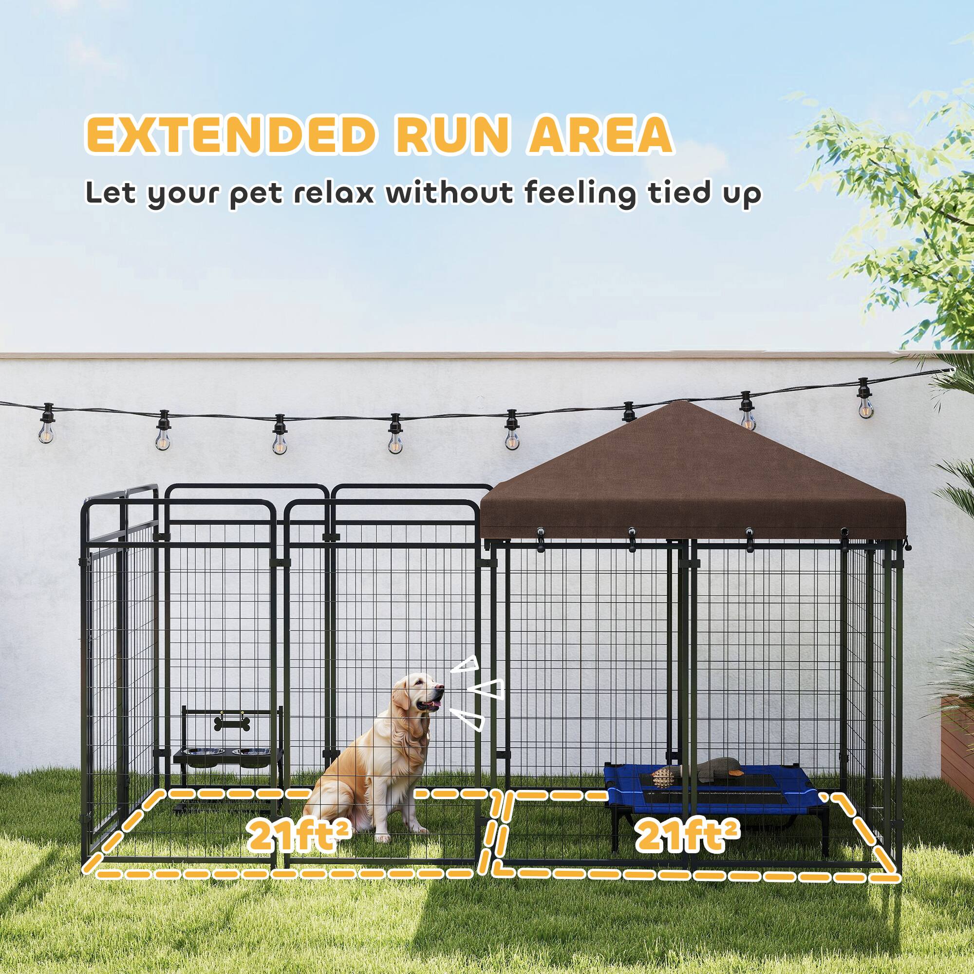 EXTENDED RUN AREA  
Let your pet relax without feeling tied up  

21ft²  
21ft²