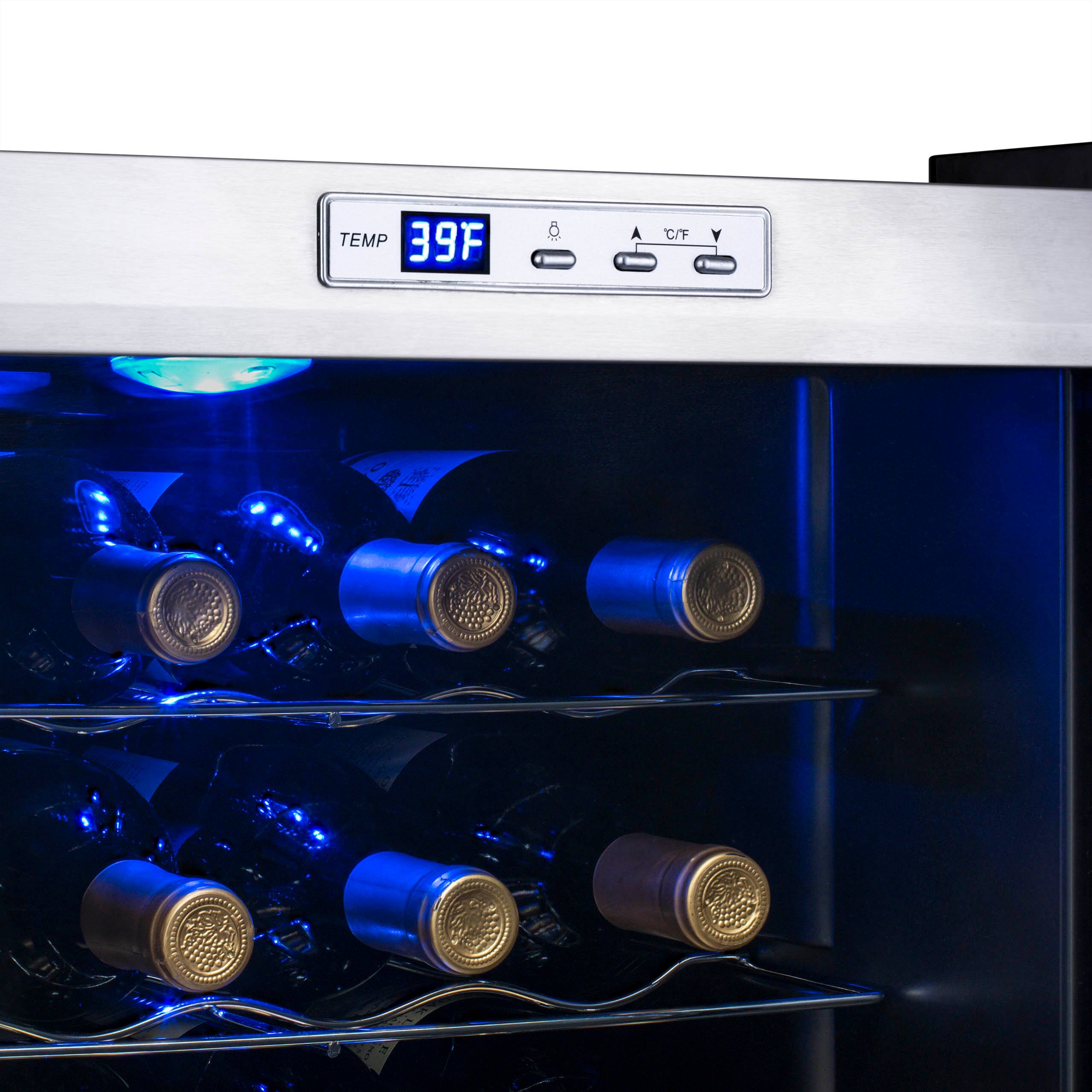 The temperature inside the wine refrigerator is currently set at 39 degrees Fahrenheit.