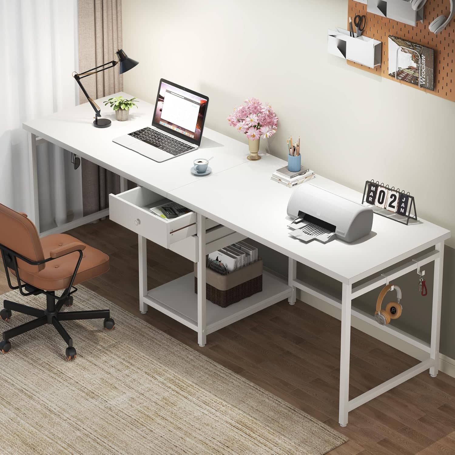 APRILSOUL - 79-Inch Two Person Computer Desk with Drawers and Storage Shelves Extra Long Double Workstation Table Writing Desk - White