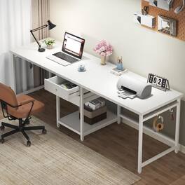 APRILSOUL - 79-Inch Two Person Computer Desk with Drawers and Storage Shelves Extra Long Double Workstation Table Writing Desk - White