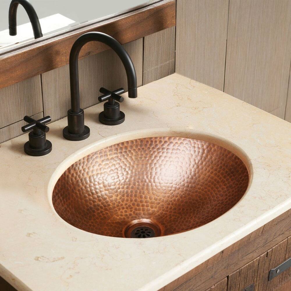 Back. Hivvago - Hammered Copper Oval Bathroom Sink Vessel 17 x 13 inch - Copper.