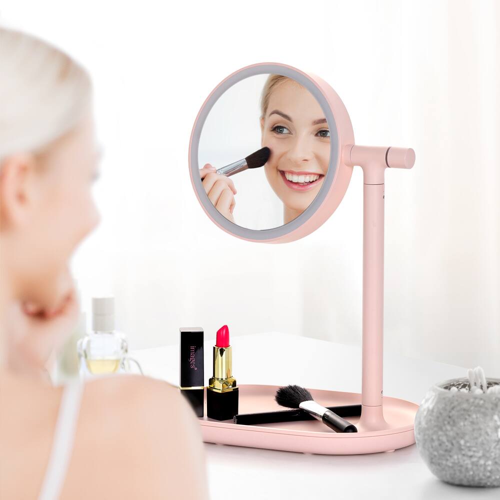 Alt View 4. Oumilen - Round LED Makeup Mirror Lamp, Light Pink 5.2 Inch Rechargeable Vanity Mirror With Adjustable Brightness & 180° Rotation.