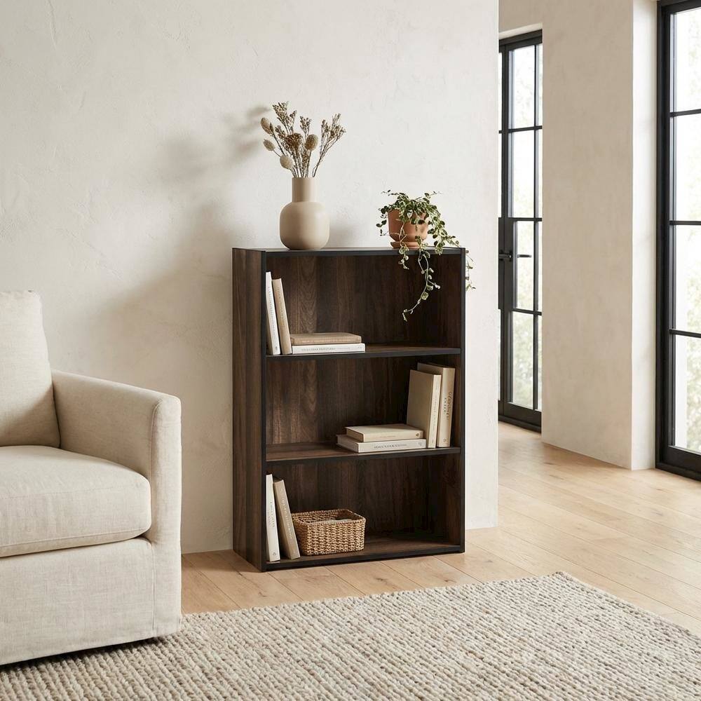Left. FurniFact - Engineered Wood 3 Tier Open Shelf Bookcase in Columbia Walnut with Ample Storage - Columbia Walnut.