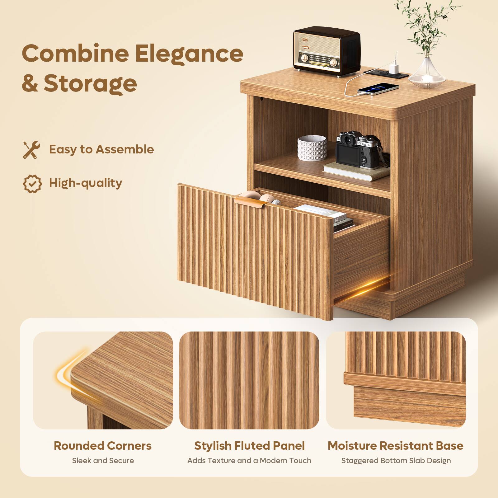 Bestier Nightstand Set of 2 with Charging Station 2 Pack Fluted