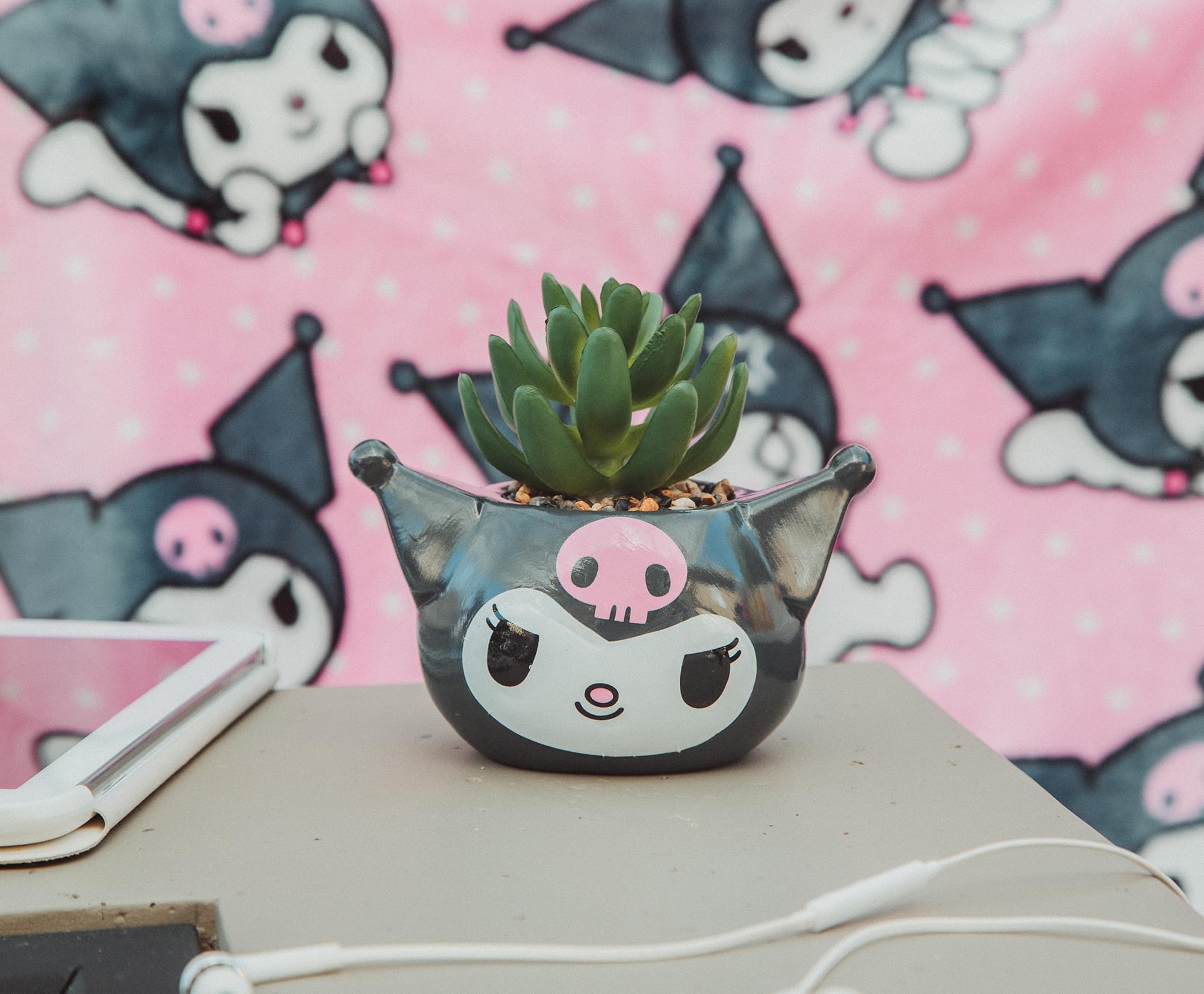 Alt View 3. Silver Buffalo - Sanrio Kuromi Smiling Head 3-Inch Ceramic Mini Planter With Artificial Succulent - Black.