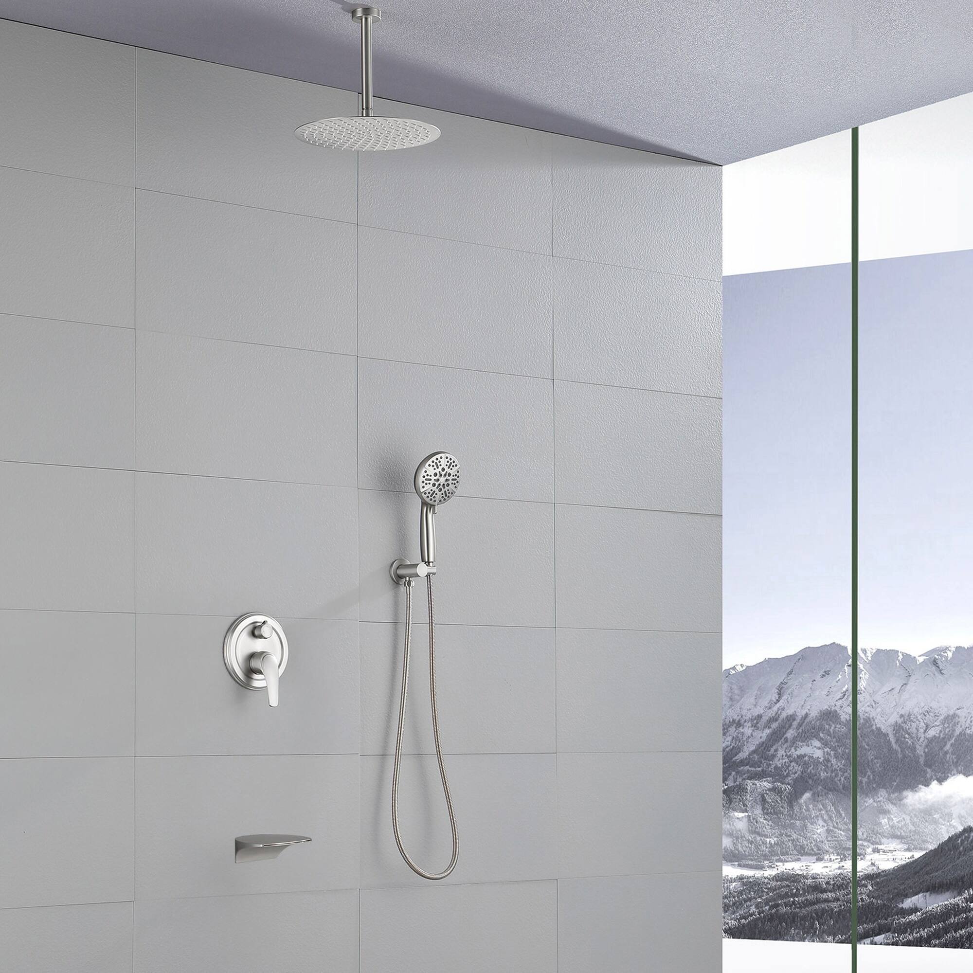 Alt View 1. Boyel Living - Brushed Nickel 12-Inch Rain Shower System Brass SUS304 3-Function Valve 7-Function Handheld cUPC - Brushed Nickel.