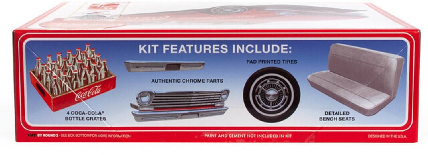 KIT FEATURES INCLUDE:  
- PAD PRINTED TIRES  
- 4 COCA-COLA BOTTLE CRATES  
- AUTHENTIC CHROME PARTS  
- DETAILED BENCH SEATS  

PAINT AND CEMENT NOT INCLUDED IN KIT  

DESIGNED IN THE USA  

ASSEMBLY BY ROUND 2 - SEE BOX BOTTOM FOR MORE INFORMATION