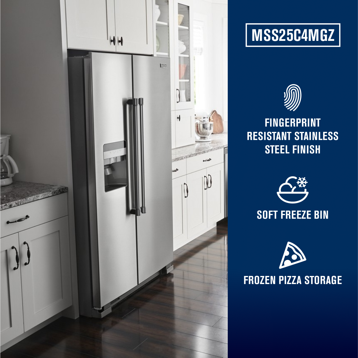 MSS25C4MGZ
- FINGERPRINT RESISTANT STAINLESS STEEL FINISH
- SOFT FREEZE BIN
- FROZEN PIZZA STORAGE