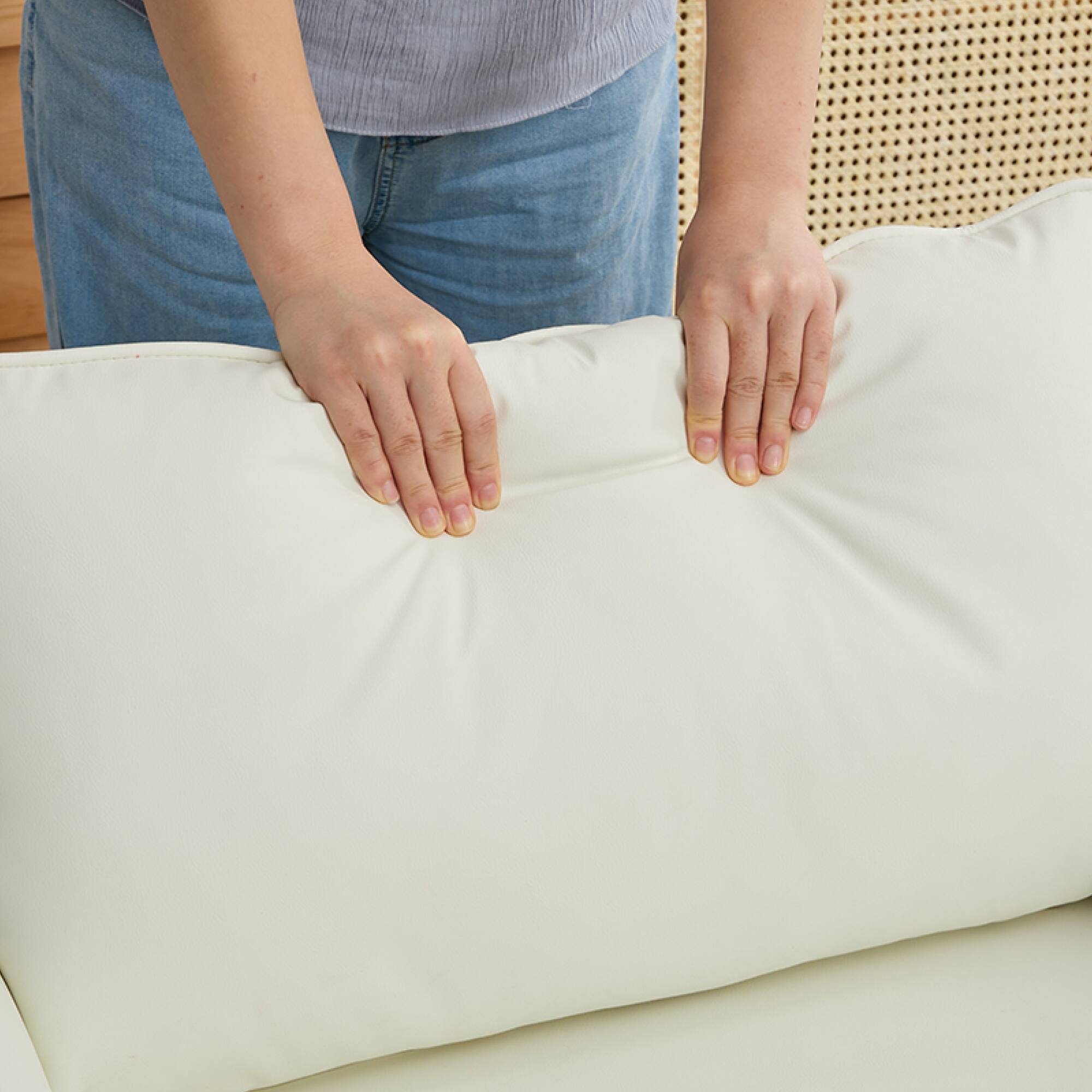 Angle. GOODSILO - Nordic Retro Light Luxury Leather Upholstered Sofa Chair for Living Room, Bedroom, or Balcony - Cream White.