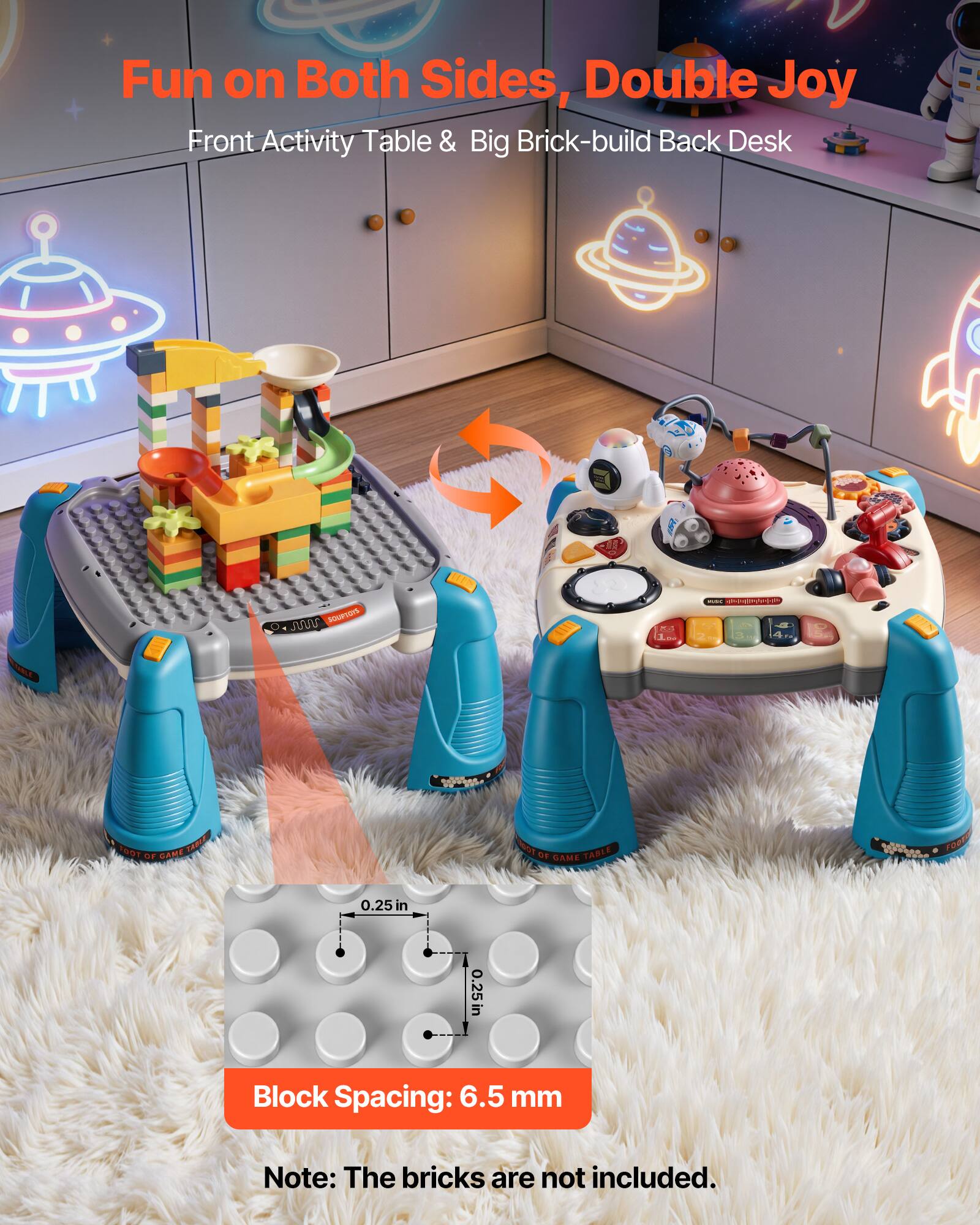 Fun on Both Sides, Double Joy  
Front Activity Table & Big Brick-build Back Desk  

Block Spacing: 6.5 mm  

Note: The bricks are not included.