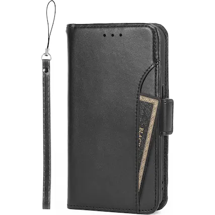 Front. SaharaCase - Genuine Leather Folio Wallet Case for Apple iPhone 15 Pro - Black.