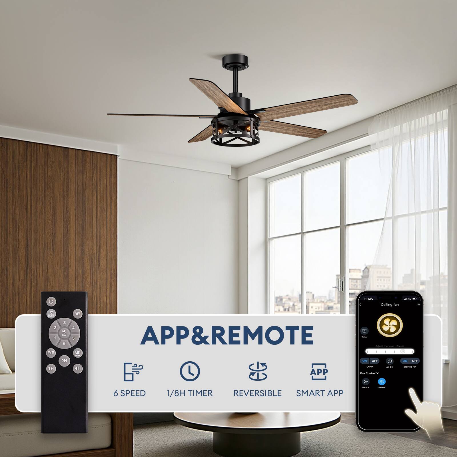 C mars Ceiting dan 9 2 1 WR 1 + 4 2 4 5 a Cf APP & REMOTE - - C IH 2H 4H APP - ... ! - . - LY - 6 SPEED 1/8H TIMER REVERSIBLE SMART APP