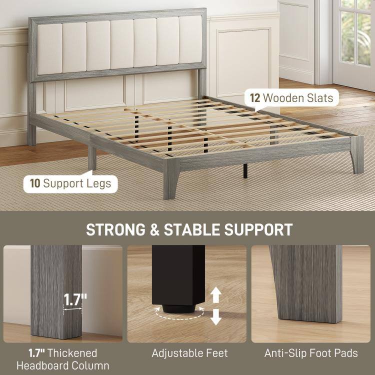 12 Wooden Slats  
10 Support Legs  
STRONG & STABLE SUPPORT  
1.7" Thickened Headboard Column  
Adjustable Feet  
Anti-Slip Foot Pads