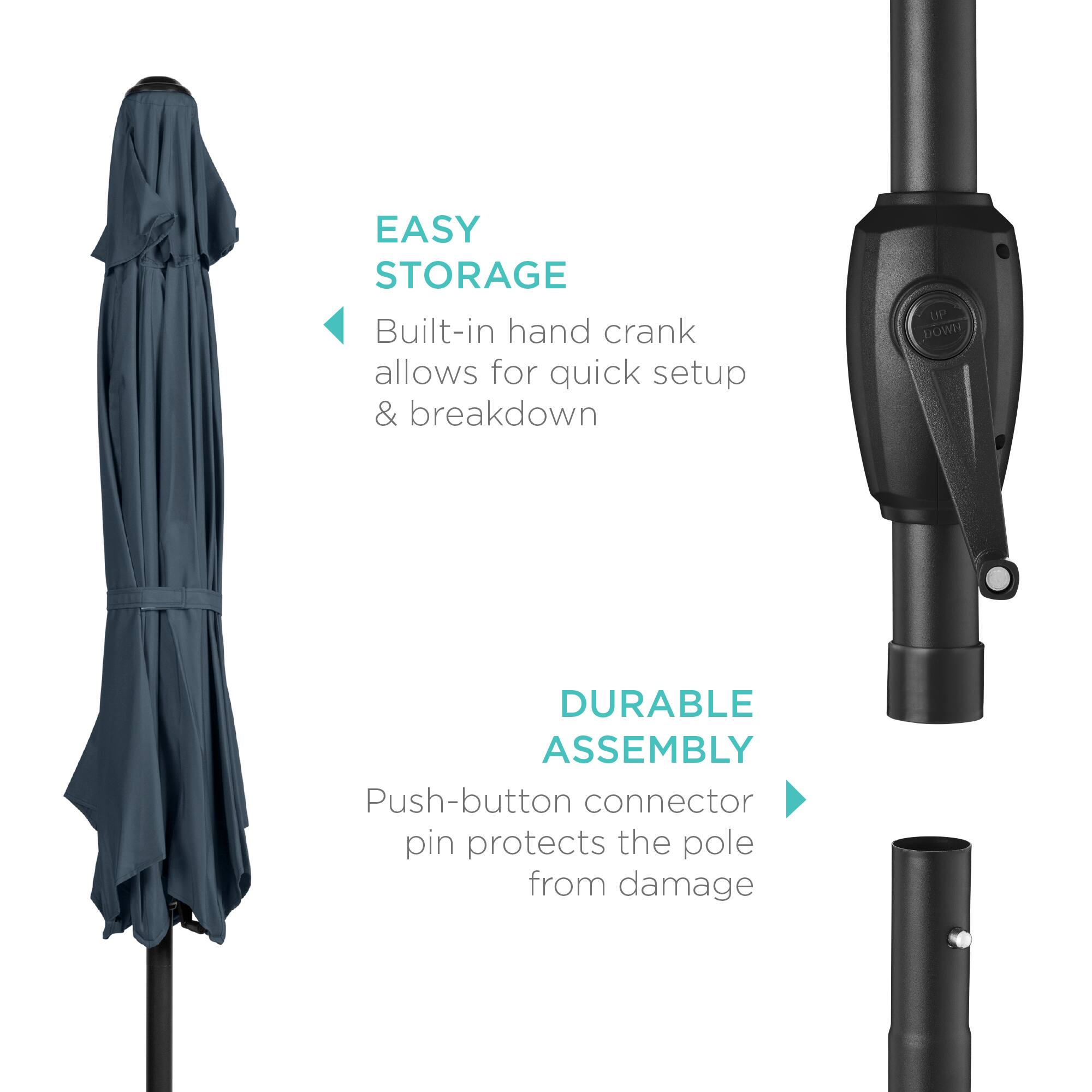 EASY STORAGE: Built-in hand crank allows for quick setup & breakdown.

DURABLE ASSEMBLY: Push-button connector pin protects the pole from damage.