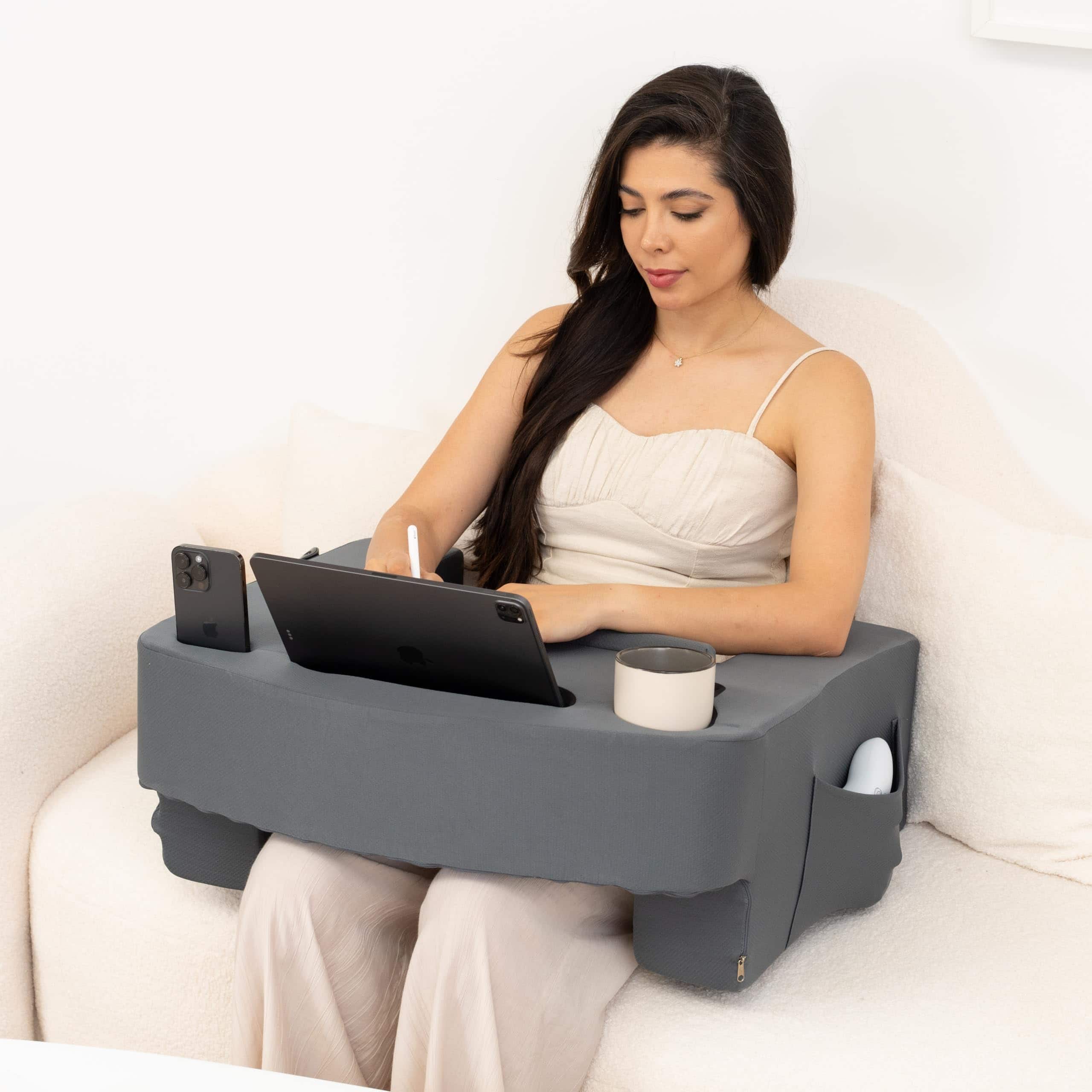 Fabibe - Reading Pillow For Gaming - Extra Large Lap Desk & Arm Rest With Cup Phone Holder Adjustable Heights Laptop - Gray