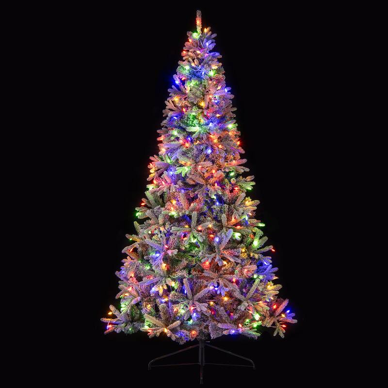 Front. WELLFOR - 7ft Pre‑lit Half‑Shape Snow‑Flocked Artificial Christmas Tree with 852 PE‑PVC Branch Tips &240 Dual‑Color LED Lights - White+Green.
