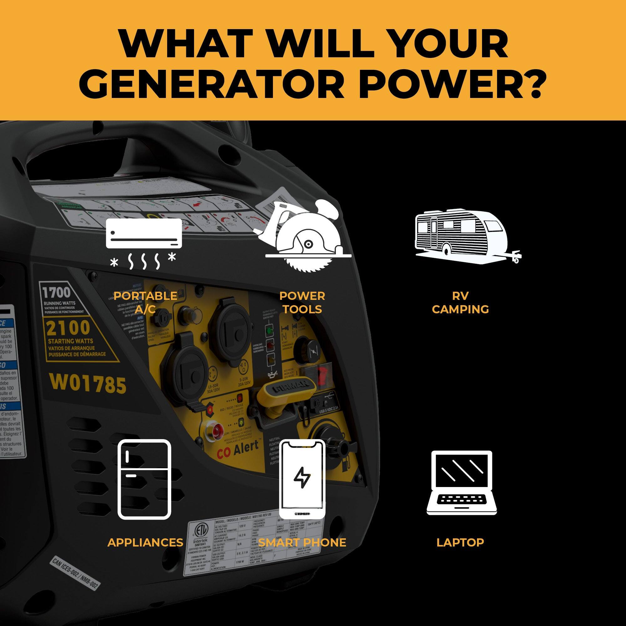 WHAT WILL YOUR GENERATOR POWER?

- PORTABLE A/C
- POWER TOOLS
- RV CAMPING
- APPLIANCES
- SMART PHONE
- LAPTOP
