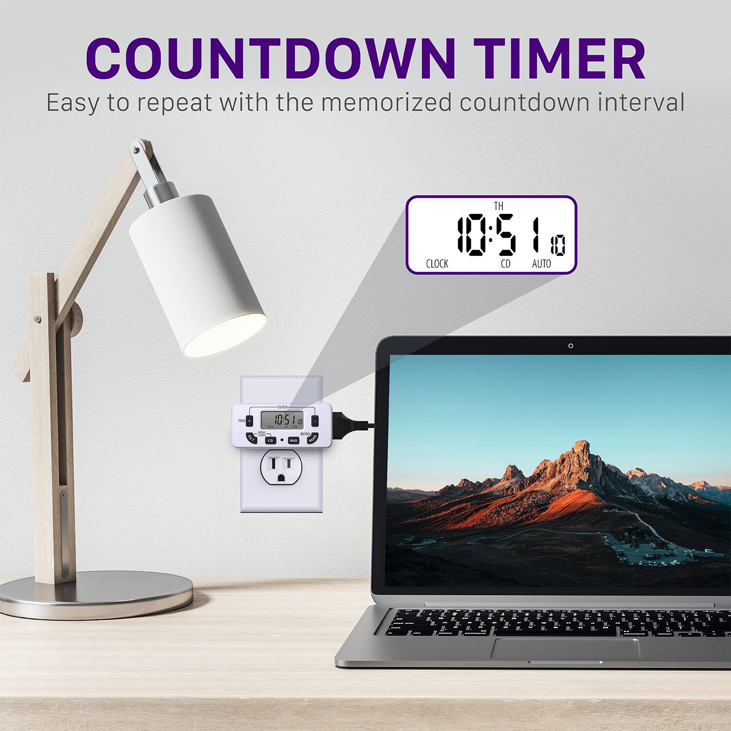 COUNTDOWN TIMER Easy to repeat with the memorized countdown interval 10:51 CD AUTO CLOCK