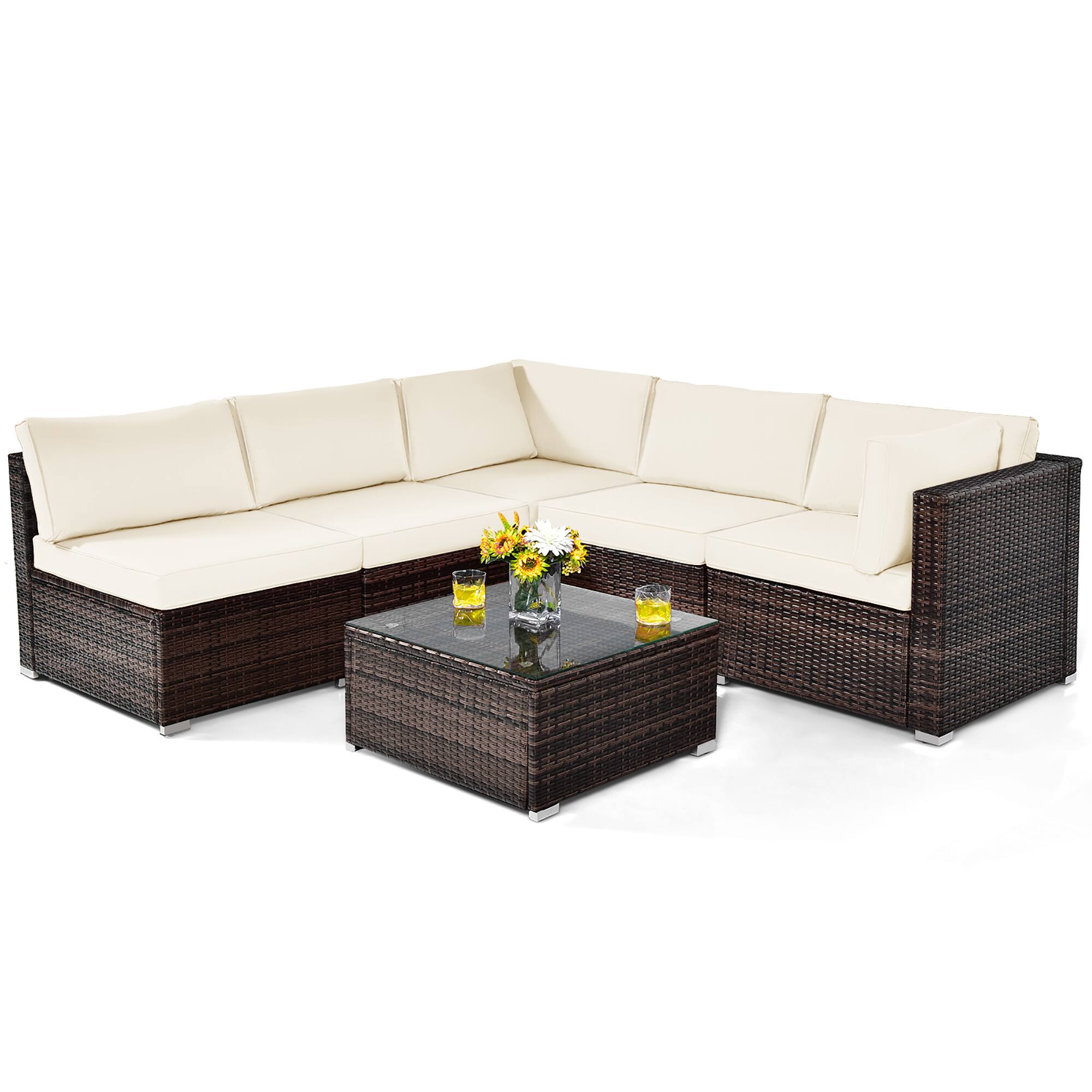 Front. Costway - 6PCS Patio Rattan Furniture Set Cushioned Sofa Coffee Table Garden - White.