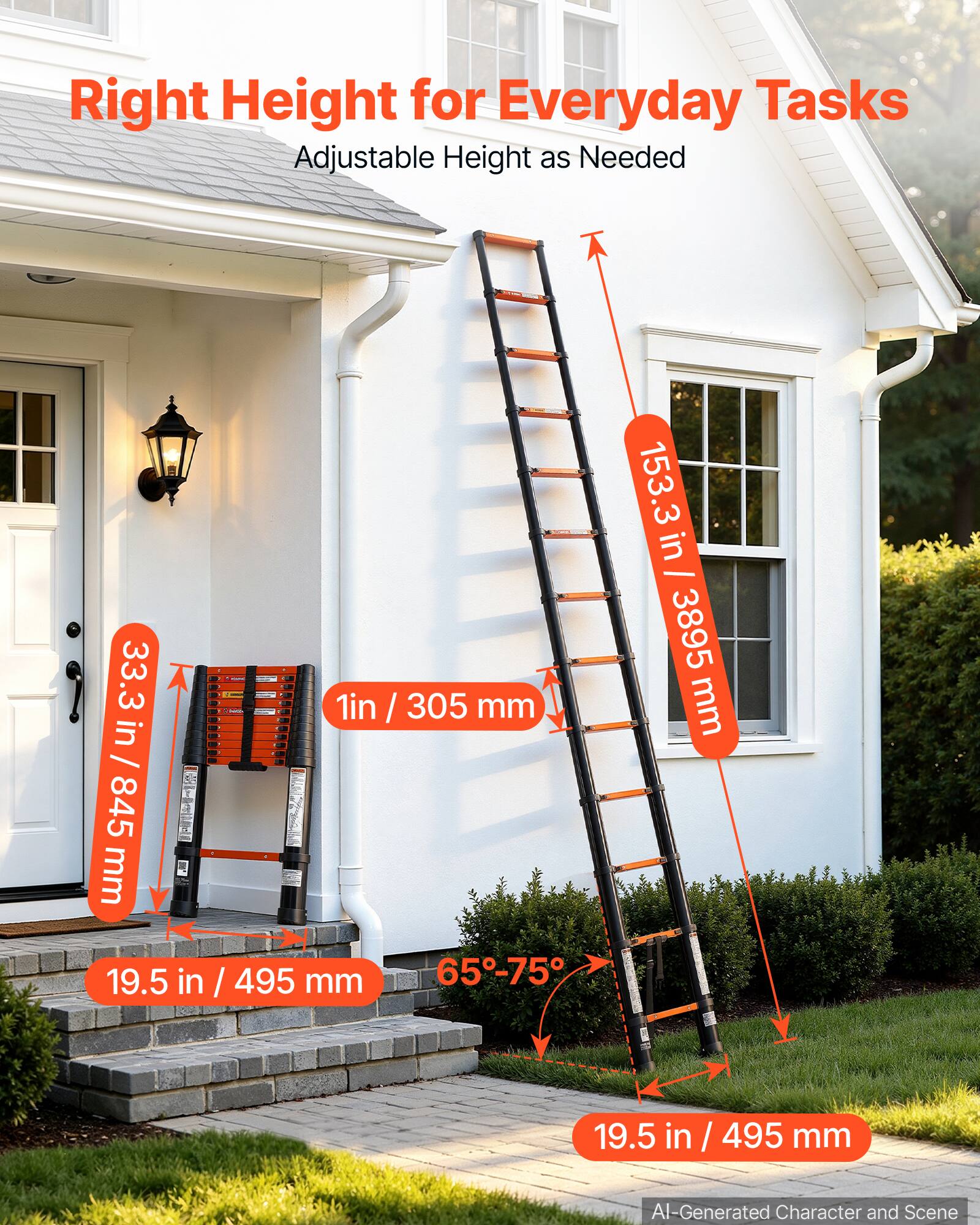 Right Height for Everyday Tasks  
Adjustable Height as Needed  

33.3 in / 845 mm  
1 in / 305 mm  
19.5 in / 495 mm  
153.3 in / 3895 mm  
65°-75°