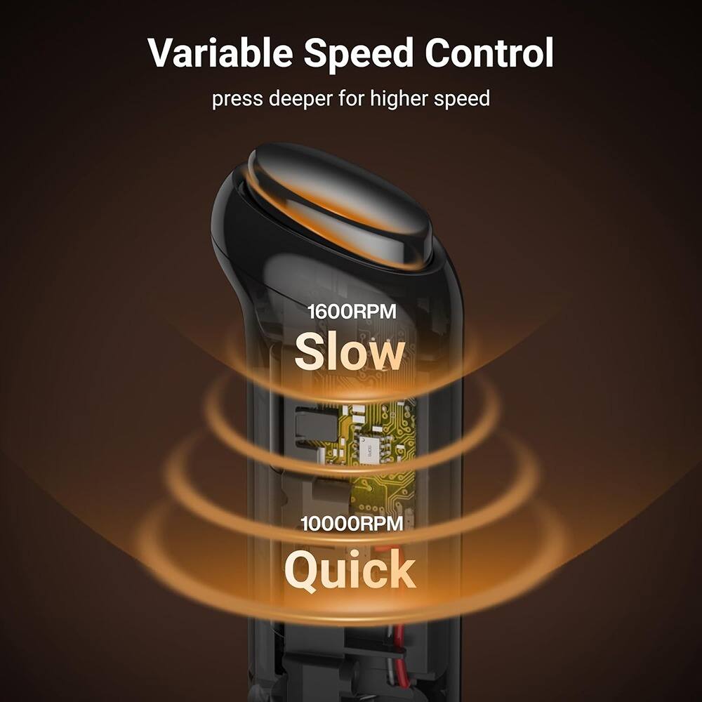 Variable Speed Control  
press deeper for higher speed  

1600RPM  
Slow  

10000RPM  
Quick