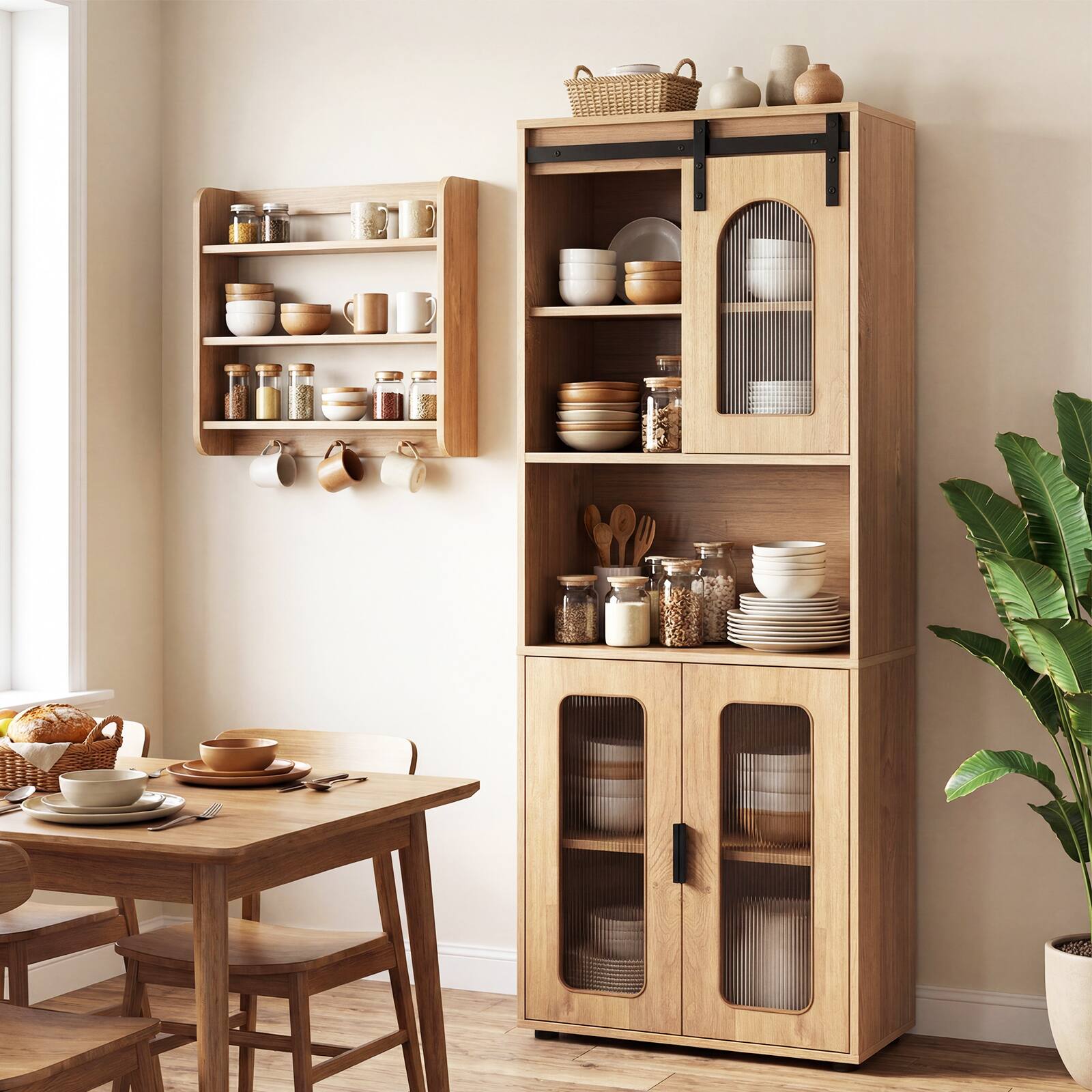 Alt View 3. Gymax - Gymax 59'' Farmhouse Bathroom Floor Cabinet w/Sliding Barn Door and Shelves for Kitchen - Yellow.