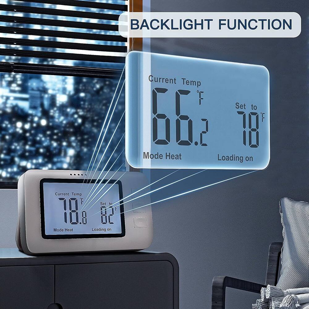 BACKLIGHT FUNCTION

Current Temp 66.2°F  
Set to 78°F  
Mode Heat  
Loading on  

Current Temp 78.8°F  
Set to 82°F  
Mode Heat  
Loading on